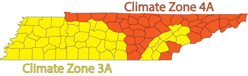This county map shows Tennessee's two climate zones, 3A and 4A. Certified passive house builders use this information to properly design and build healthy and highly energy efficient homes.